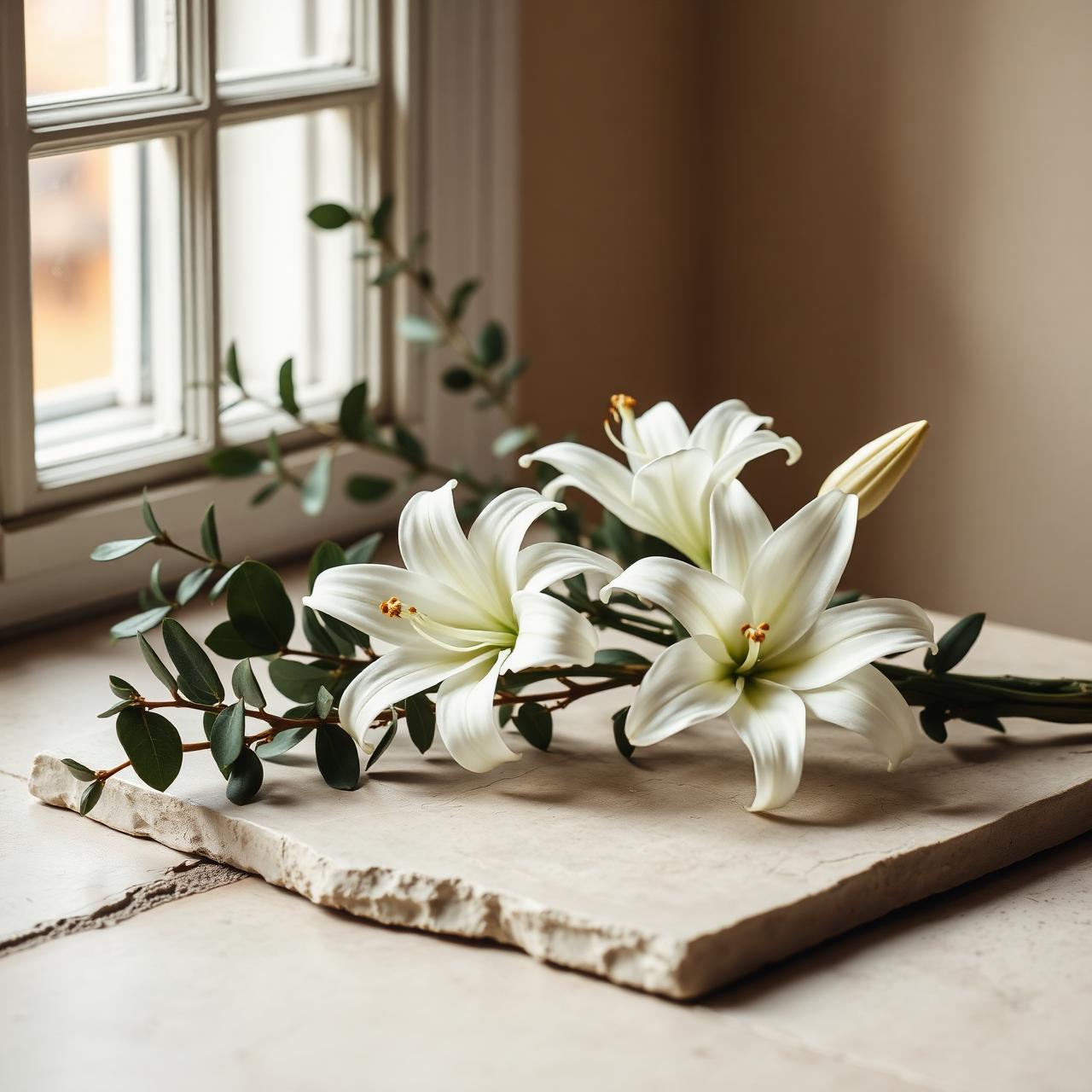 White lilies and eucalyptus branches resting on stone in soft window light